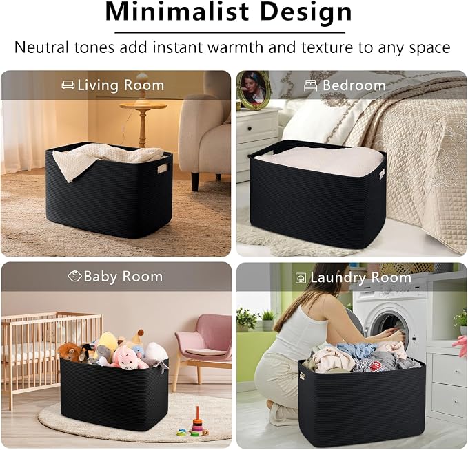 OIAHOMY 118L XXXLarge Rope Storage Basket, Oversized Blanket Basket Black | 25" x 17" x 16" Used for Organizing Dirty Clothes in Living Room, Bedroom, Nursery, Extra Large Basket,Dog Toy Storage Bins