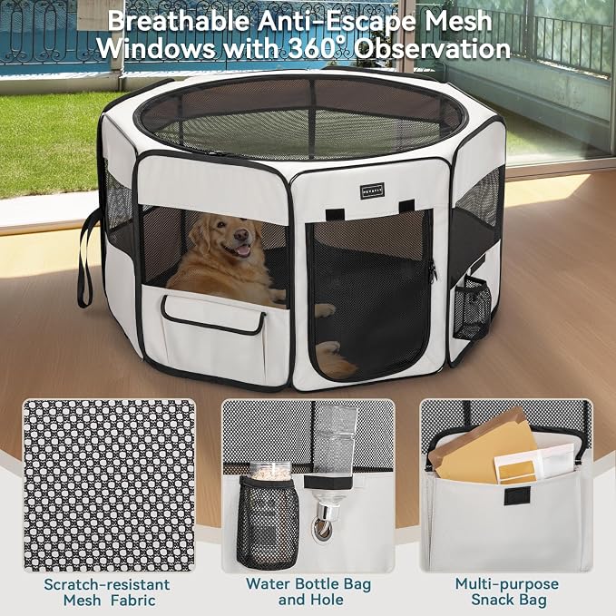 PETSFIT Portable Dog Playpen 45", Removable Waterproof Mat, Zippered Roof | Jump-proof, Collapsible Storage, RV Camping Travel, Indoor Outdoor Use, Large Dogs and Cats, 45.5"L x 45.5"W x 28.5"H