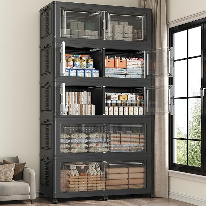 250Gal Stackable Storage Bins with Lid 5-Tier Collapsible Cabinet Closet Organizer Box with Wheels, 1000QT Large Plastic Drawer Container with Doors for Clothes Kitchen Organizing, Black