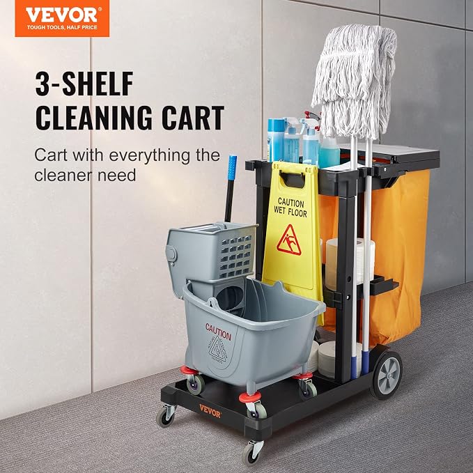 VEVOR Cleaning Cart, 3-Shelf Commercial Janitorial Cart, 200 lbs Capacity Plastic Housekeeping Cart, with 25 Gallon PVC Bag and Cover, 47 x 20 x 38.6in, Yellow&Black
