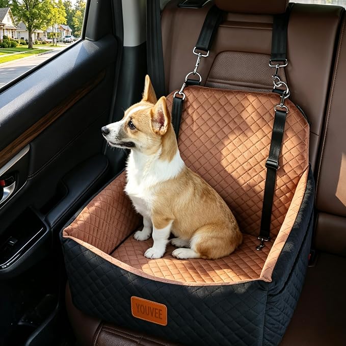 Dog Carseat for Small Dogs,Pet Safety Travel Bed with 3Seatbelt-Black/Brown | Storage Pockets,Non-Slip Bottom,Memory Foam with Detachable Washable Cover and Easy to Install