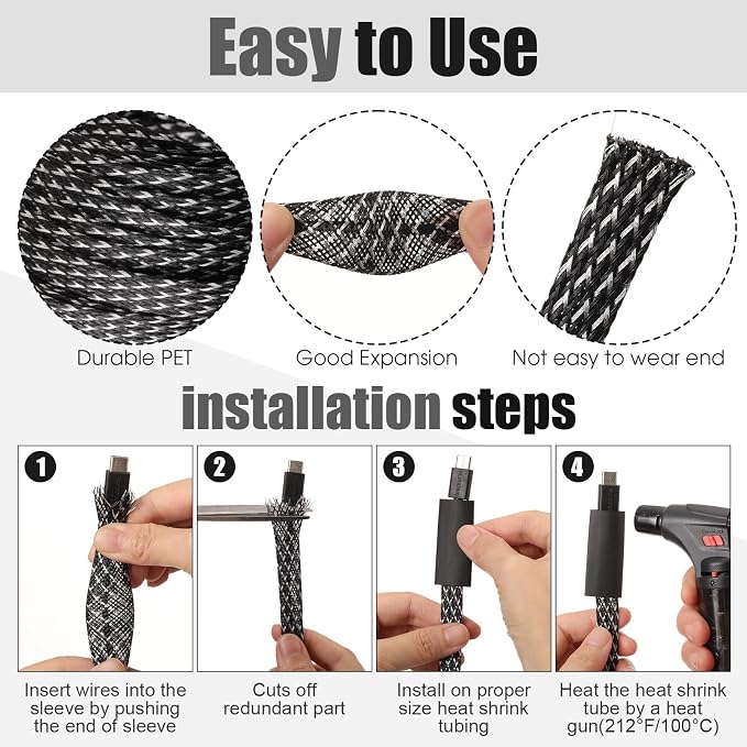 Tatuo 151 ft Braided Cable Sleeve Expandable Wire Sheathing(Silver, Black) | with 120 Heat Shrink Tubing 1/4 in 2/5 in 1/2 in 3/4 in Wire Sleeve Cord Management for Television Audio Computer Video Pets