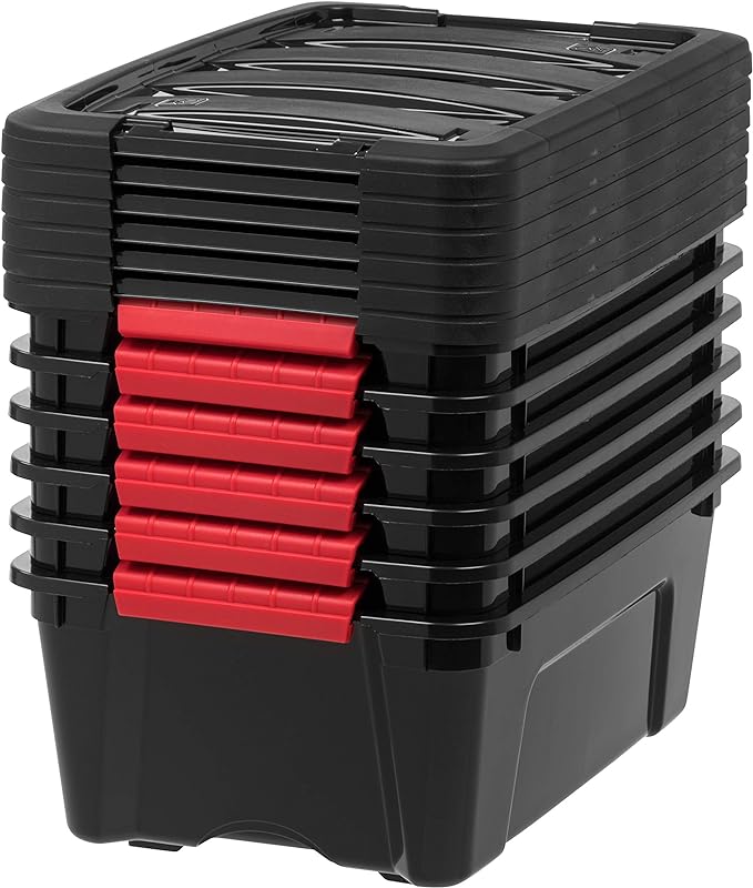IRIS USA 6-Pack 13 Quart Storage Bins with Lids, Black | Black finish conceals stored items. Ideal for shoes, photos, documents, and small essentials. Nestable design saves space