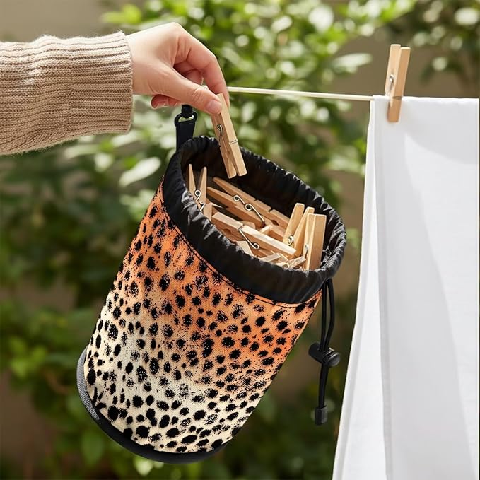 Leopard Print Clothespin Holder Bag Drawstring, Portable Laundry Peg Organizer Pouch, Storage for Clips with Hanging Feature, Ideal for Drying Rack, Camping, RV