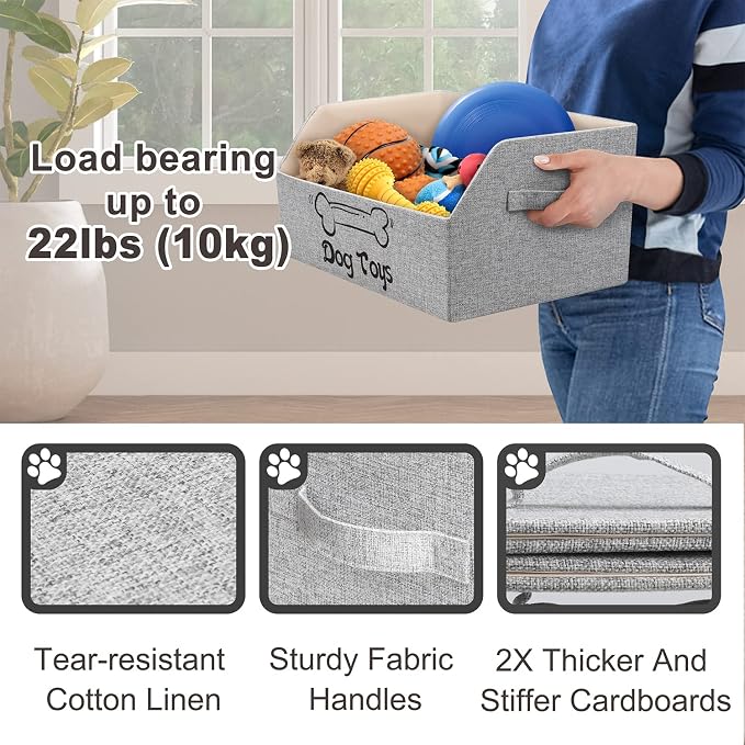 2X Thicker Large Dog Toy Basket, Collapsible Pet Dog Toys Storage Bin Box | Fabric Trapezoid Dog Toy Organizer With Handle for Small Medium Dog for Pet Toys, Blankets and Accessories