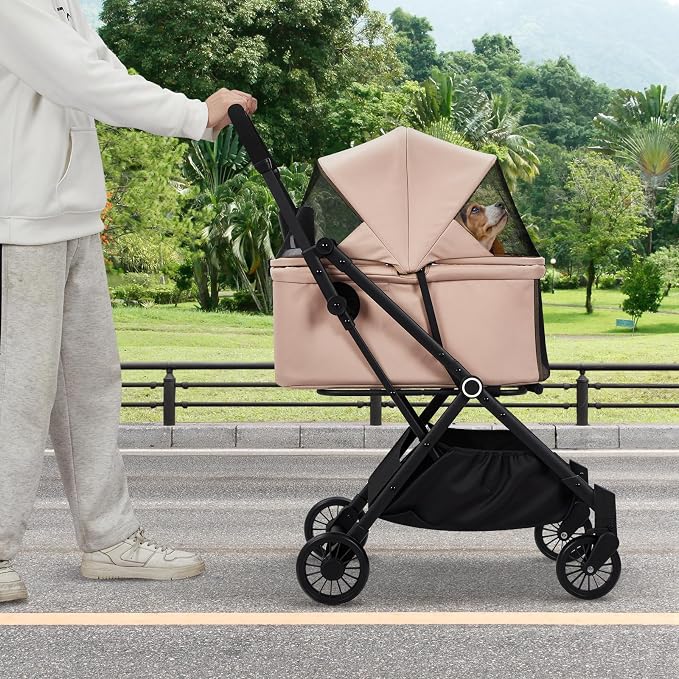 Foldable Pet Stroller for Medium Small Dogs Cats, 4-Wheel Lightweight Dog Stroller with 360° Swivel Wheels & Foot Brake, Breathable Mesh Weather-Resistant Luxury Cat Travel Carriage, 50 Lbs, Khaki