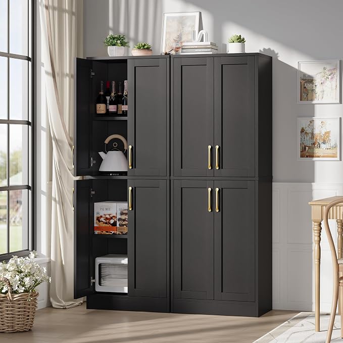 Pantry - Kitchen Pantry Cabinet with 4 Doors and Adjustable Shelves, Tall Black Cabinet Freestanding Storage Cupboard for Dining Room Living Room, Laundry, Bathroom (Black)