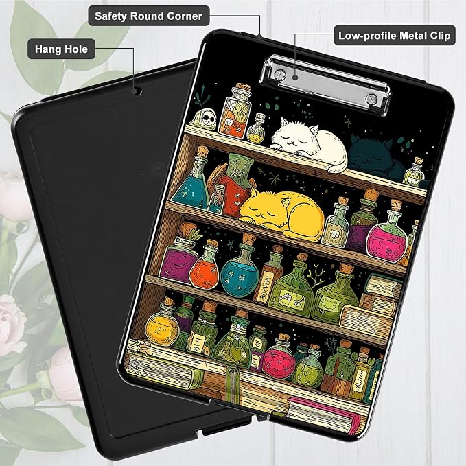 Heavy Duty Storage Clipboard, Slim Nursing Clipboard with Internal Pen Case, Portable File Organizer Case for A4 Letter Size Paper Office Medical Professionals, Vase Books Cat