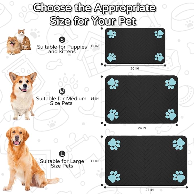 Pet Feeding Mat-Absorbent Dog Feeding Mat for Food and Water Bowl,No Stains Pet Placemat,Quick Drying Water Dispenser Mat for Dog and Cat,Easy to Clean Dog Accessories(L,Black Blue Paw)