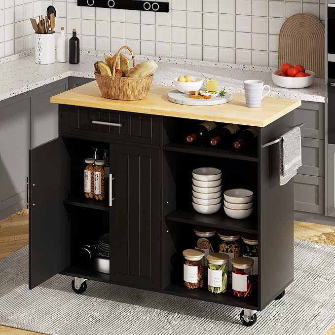 JY QAQA 42" Kitchen Island on Wheels with Storage Cabinet Kitchen Cart Cabinet with Shelves, Cart Handle for Towel Rack or Free Mobility, Portable Islands for Kitchen