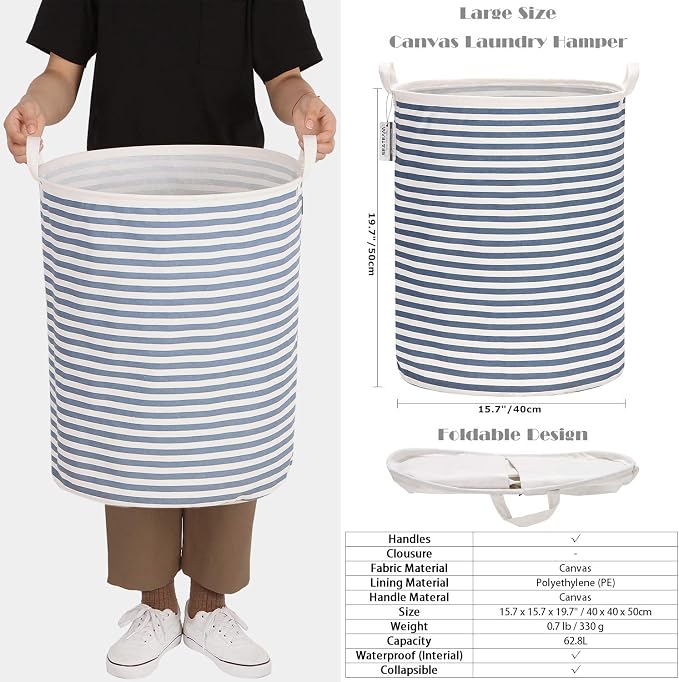 Sea Team Large Canvas Laundry Basket with Handles, Blue Stripes, 2-Pack | Collapsible Fabric Laundry Hamper, Closet Shelf Organizers, Containers for Clothing, Blankets, Toys, Bedding, 19.7 x 15.7”