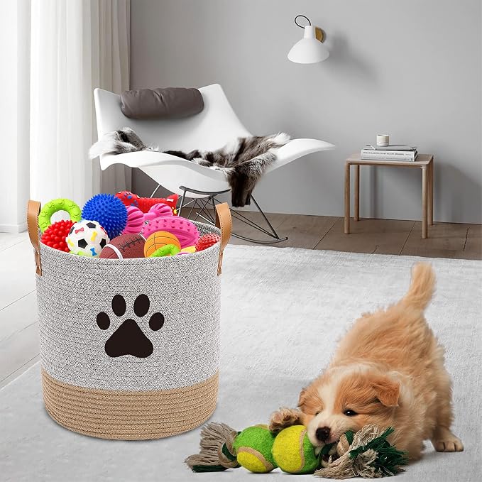 Morezi Cotton Rope Dog Toy Basket, Puppy Toy Storage Bin, Laundry Basket Blanket Storage - Perfect for Organizing Pet Toys, Blankets, Leashes - Gray Beige