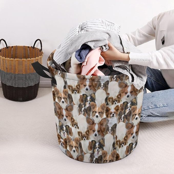 Cute Papillon Dog Print Laundry Basket Foldable With Handles, Funny Papillon Dog Tote Bag, Oxford Cloth Papillon Dog Laundry Hamper Clothes Storage Bucket For Bathroom Laundry Bedroom
