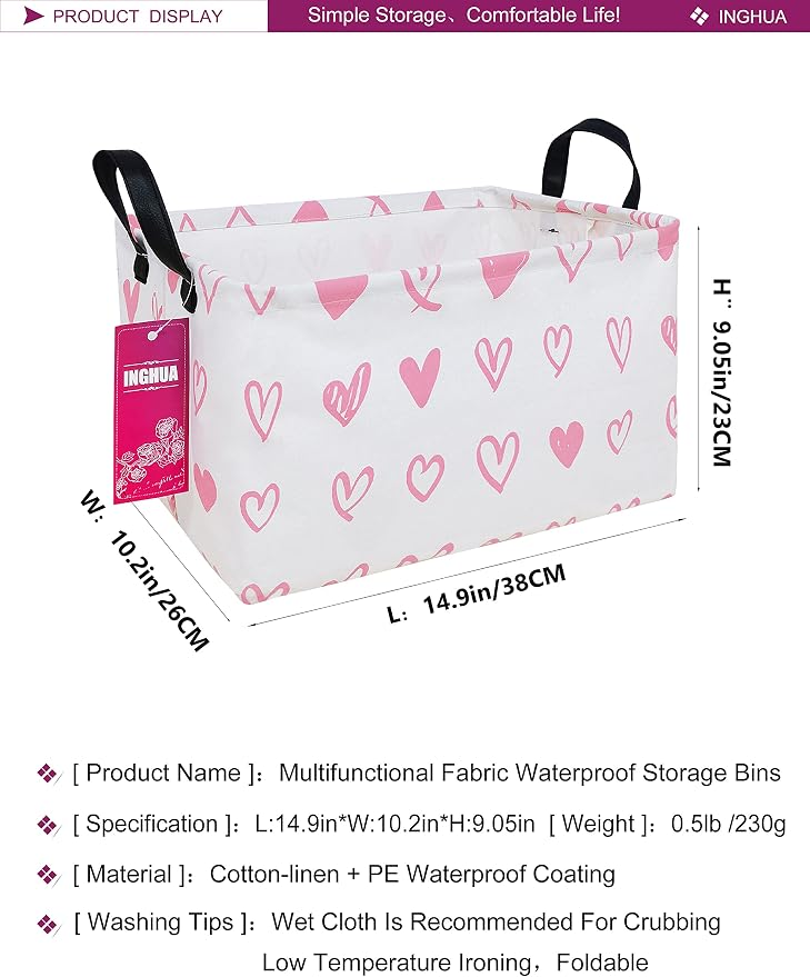 Rectangular Pink heart Storage Basket | Gifts Bag for Books,Clothes,Gifts,Pets-Perfect for Home,Office,Nursery,Dorm,Shelf