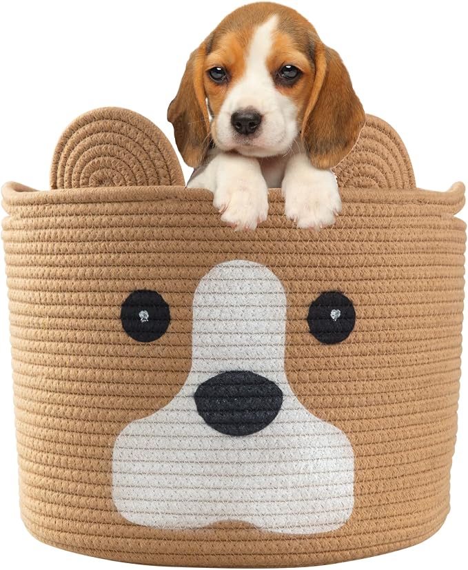 Medium Dog Woven Baskets with Handle, Dog Toy Hamper, Cotton Rope Dog Toy Storage Baskets for Pet, Animal Basket for Kids, Baby Gift Baskets for Dog Lovers, Khaki