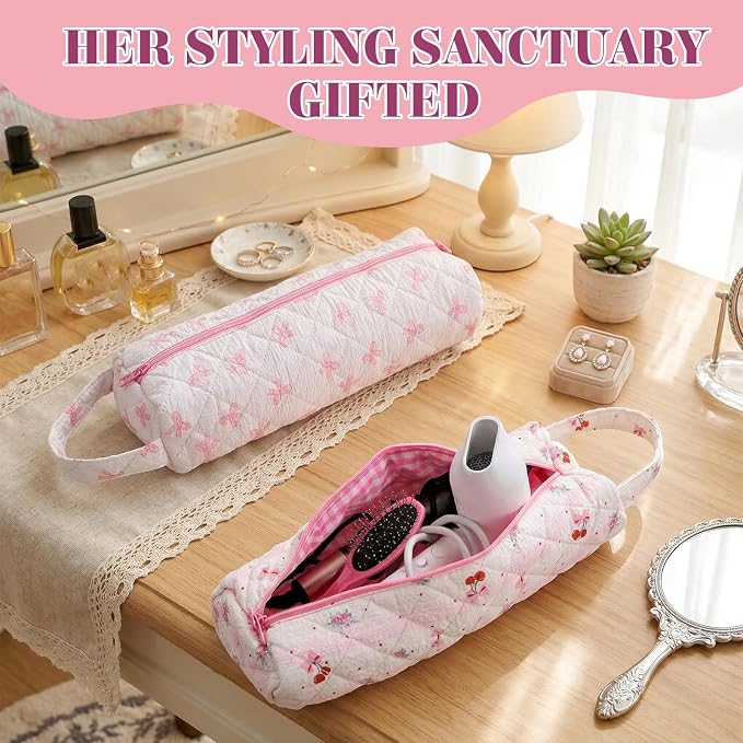 JJUNW 1 Pc Hair Tools Organizer Bag with Bow Pattern, Travel Bag Quilted Cosmetics Toiletry Organizer, Portable Pink Haircare Accessories for Curling Irons, Flat Irons, Hair Dryers Tools(Type 1)