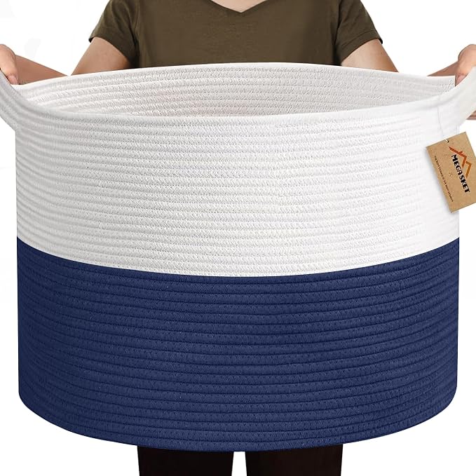 MEGASKET 115L Super Large Blanket Basket, Cotton Rope Woven Bin for Toy, Clothes, Laundry, Shoes, Toy Box for Living Room, Oversized Organizer, XXXL Jumbo Basket for Blankets, 23.6"x15.7", Navy Blue