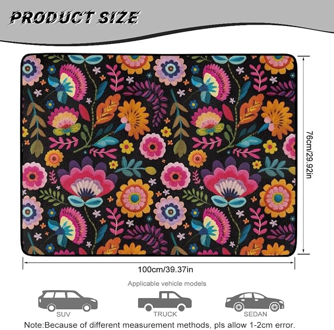 Colorful Floral Print Non Slip Car Trunk Mat, Universal All Weather Cargo Liner 29" x 39", Durable Washable Pet Friendly Rear Trunk Protection Mats