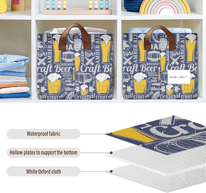 Retro Vintage Beer Storage Bins for Shelves with Labels&Handles Fabric Organizer Bin Foldable Rectangle Blue and Yellow Storage Basket Craft Beer Boxes for Closet, Bathroom, Home, Living Room