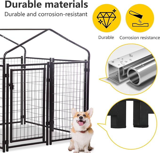 FDW 4 x 4 x 4.3 Ft Dog Kennel Outdoor Welded Wire Heavy Duty Playpen Dog Crate Cage with Waterproof Cover Roof and UV Resistant Pet Kennel Fence with Secure Lock, Black