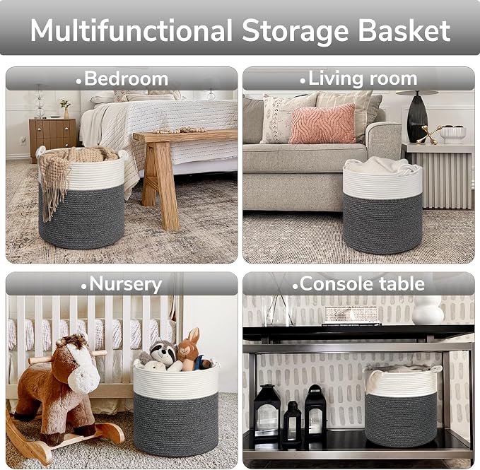 Goodpick Woven Rope Blanket Basket Living Room, 40L, Dark Grey | Baby Laundry Basket with Handles, Holds Clothes, Blankets & Pillows,Toys Storage for Kids