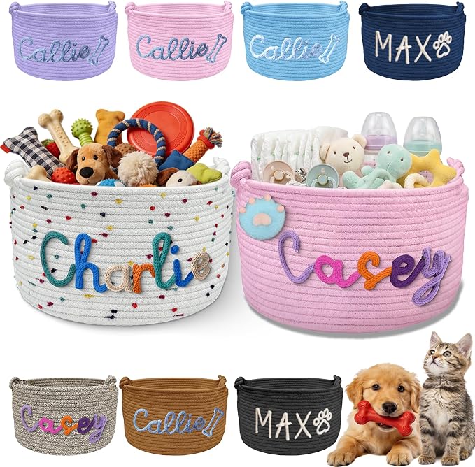 Personalized Dog Cat Toy Basket with Name Custom Pet Puppy Gift Baskets Customized Storage Organizer Bin for Clothes, Blankets, Diaper Caddy