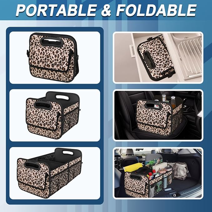 Deosk Trunk Organizer and Storage with Reinforced Handles,Car Accessories for Women/Men 50L Waterproof Polyester Trunk Organzier for Car/SUV/Minivan/Truck(Medium,Leopard print)