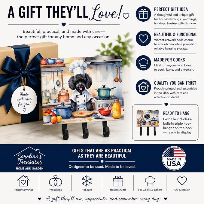 Caroline's Treasures Black Poodle The Chef Leash or Key Holder Wall Hooks, Key Hooks Holder, Coat Rack Wall Mount, Coat Hooks, Hooks for Hanging Keys, Towels, Aprons, Leashes | Black Poodle The Chef artwork on ceramic tile with three steel hooks for ke...