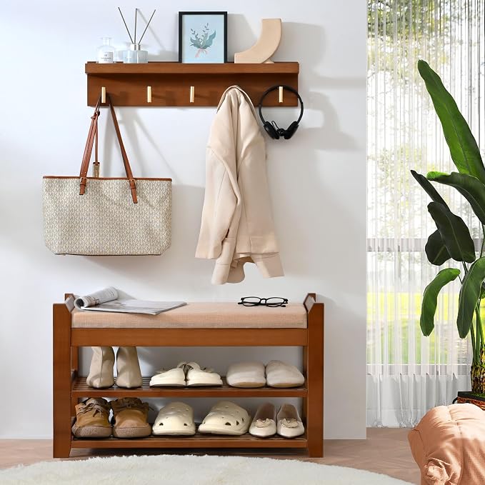 PETKABOO Shoe Rack for Front Door Entrance, 28” Entryway Bench with Coat Rack, Hall Tree Shoe Bench with Storage for Entry, Hallway, Bedroom, Living Room