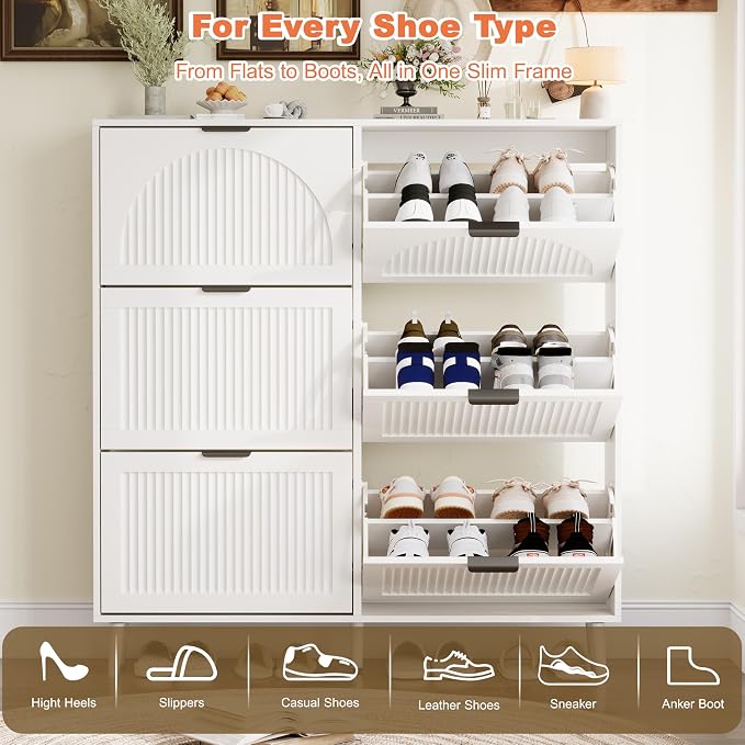 Shoe Storage Cabinet with 6 Flip Drawers, Narrow Wood Shoe Organizer Cabinet with Fluted Panel, Slim Shoe Rack for Entryway, Freestanding Shoe Cabinet for Living Room, Hallway, White