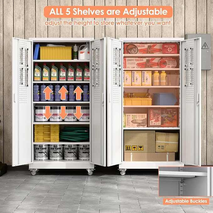 71" White Metal Storage Cabinet with Wheels and Pegboard | 16"D x 32"W x 71"H steel cabinet; lockable doors, 5 adjustable shelves, and wheels for garage, office, pantry.