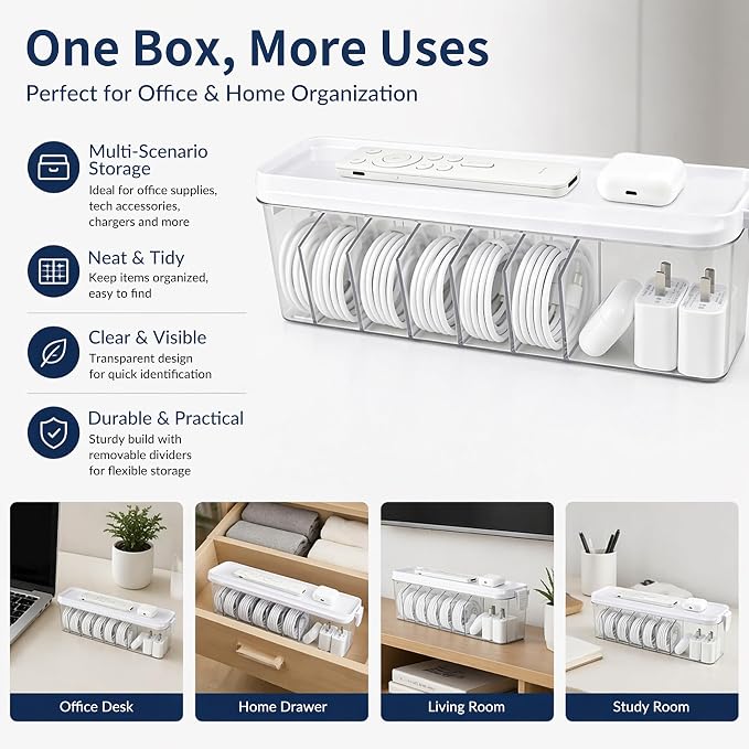 TexHome 2 Pack Clear Cord Storage Organizer Box with Lid, Plastic Charger Cable Organizer with Wire Ties, Electronics Cord Organizer for Drawer, Home & Office Desk - 7 Compartments