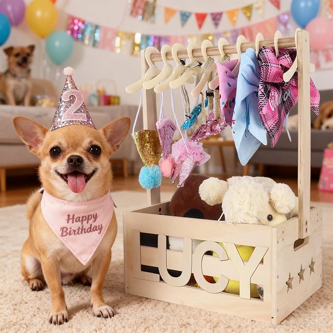 13.5"x9.5"x20.1" Wooden Pet Wardrobe Closet with Hangers, Personalized Alphabet Letters & Sticker, Easy Assembly Crate for Dog/Cat Closet, Dog Closet Organizer for Toys Clothes and Accessories