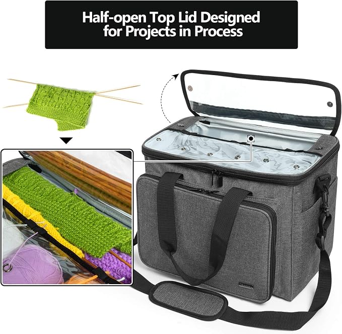 Teamoy Knitting Bag, Yarn Storage Organizer Crochet Bag Tote, Gray | Yarn Holder with Inner Divider(Sewn to Bottom) for Crochet Hook, Knitting Needles(Up to 14"), Project and Crocheting Supplies