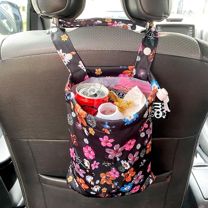 Waterproof Car Trash Bag Reusable Portable Garbage Can with Drawstring Top Adjustable Hanging Strap Leakproof & Washable for Cars SUVs & Trucks (Small Flowers)