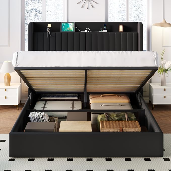 SHA CERLIN Full Size Lift Up Storage Bed Frame, Charging Station, Black | Storage Headboard with Charging Station, USB, Type-C Port Velvet Hydraulic Storage Bed No Box Spring Needed Noise Free