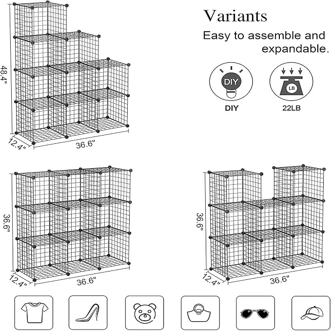 C&AHOME Wire Cube Storage - 9-Cube Organizer, Metal Grids, Bookshelf, Black | Storage Bins Shelf, Modular Bookshelf Units, Closet Cabinet, Shelving, Ideal for Home, Living Room, Office