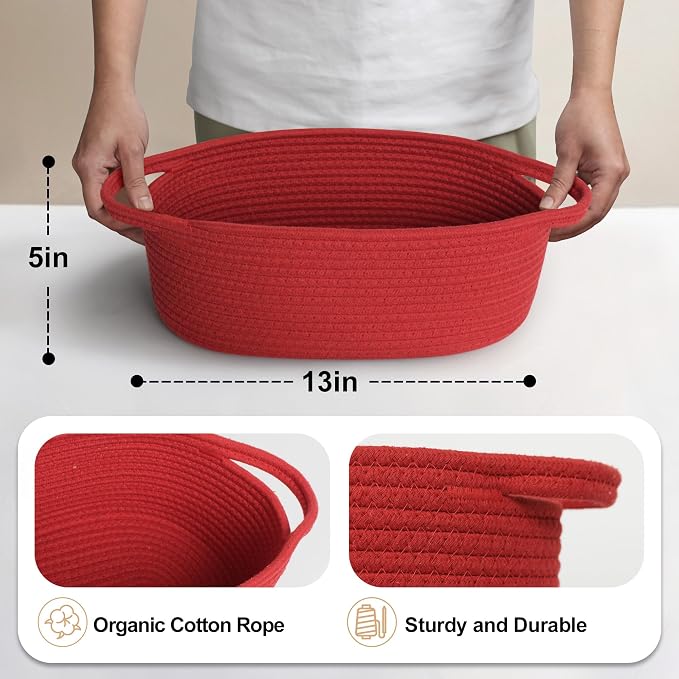 Red Woven Basket, 13" x 9" x 5" Baskets for Gifts Empty, Cute Cotton Rope Cat Dog Toy Bin Box, Small Woven Bin for Organizing, Red Room Decor, Nursery Cloth Diaper Storage Organizer