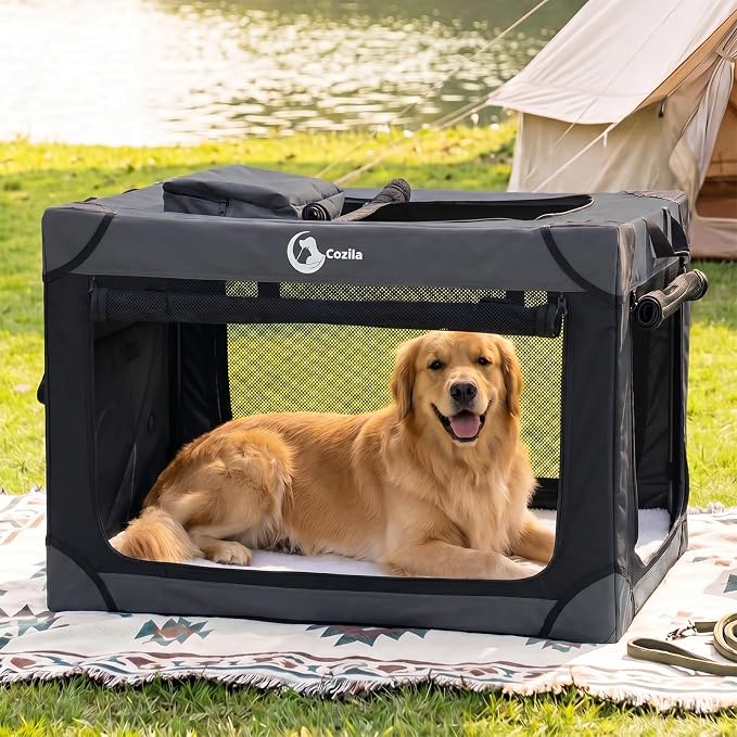 Portable Collapsible Soft Dog Crate for Extra Large Dogs, 42in Black | Oxford Cloth Travel Camping dog kennel with 4 Mesh Windows & 2 Storage Pockets,for Indoor & Outdoor Use