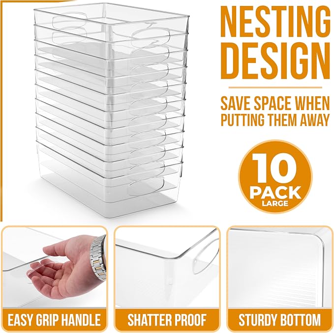 Sorbus Fridge Organizers and Storage, Clear Bins (Large, 10 Pack) | Handles support easy access and transport for pantry shelves, freezers, drawers and medicine-cabinet organization.