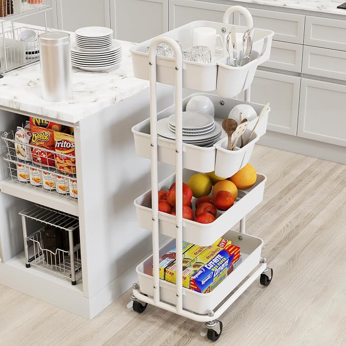 Simple Houseware 4-Tier Rolling Utility Cart with Hanging Bucket, White | Storage for Bathroom, Kitchen, Office, Study Room, Nursery Diaper