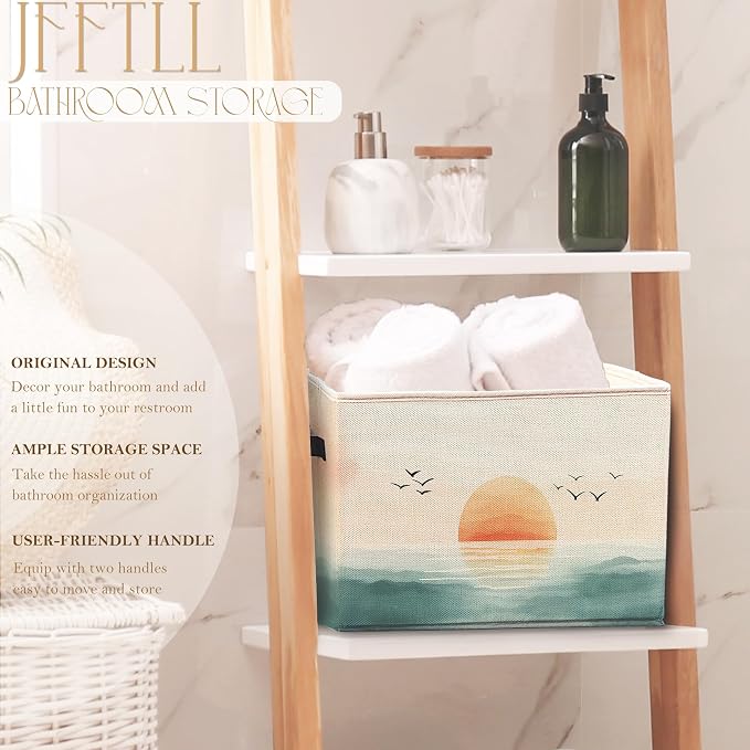 Boho Coastal Beach Sunset Storage Bins with Handles, Watercolor Coastal Ocean Landscape Collapsible Laundry Basket Storage Box for Home Bedroom Bathroom Clothes Toys Books