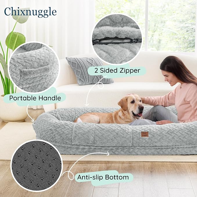 ChiXnuggle Orthopedic Human Dog Bed,with Faux Fur Washable Cover,Blanket | light grey,72*40*10,giant dog bed for adult or extra large dogs,egg crate foam,non-slip bottom