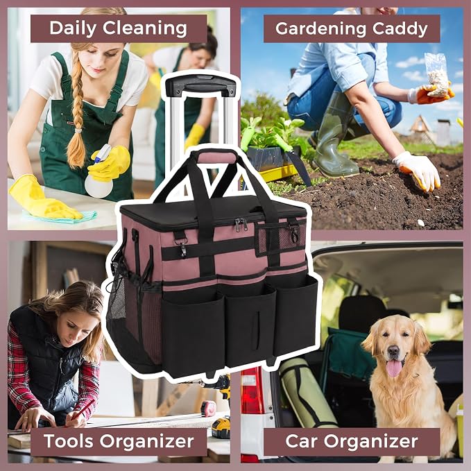 SCAVATA Rolling Cleaning Caddy Bag with Detachable Trolley & Wheels | Large Cleaning Supply Organizer, Portable Multi-Pocket Cleaning Cart for Housekeeper, Adjustable Shoulder Strap, LotusPink