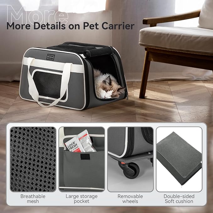 Petsfit Cat Carrier with Wheels, Removable Spinner Wheels, Up to 13 lb | Fits pets up to 15 L x 8 H in and 13 lb; removable spinner wheels, anti-sag frame, 4-sided mesh, safety tether and locks.