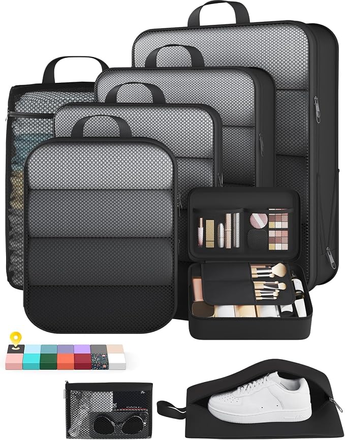Veken 8 Set Compression Packing Cubes Garment Bags for Travel Essentials,Compressible Expandable Luggage Organizer Bags for Clothing,Space Saver Bags with Over 1000 pcs of Mesh Holes(Black)