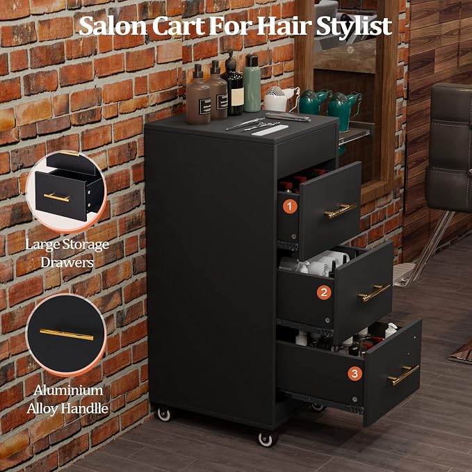 Salon Trolley Cart with Wheels, 3-Drawer Rolling Hair Styling Station, Mobile Beauty Trolley with Hot Tools Holder, Storage for Salon, Barbershop, Spa & Tattoo, Black