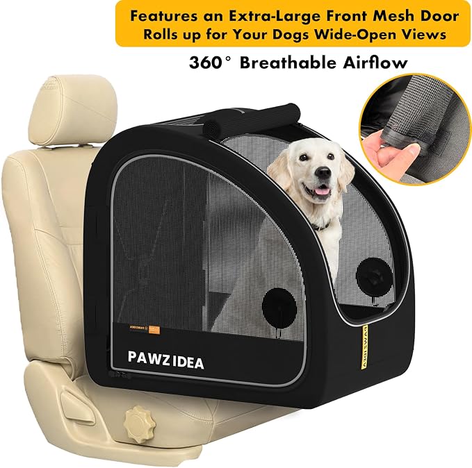 PAWZIDEA Portable Dog Crate for Car Travel, Medium & Large Dogs Up to 80lbs | Enclosed Soft-Sided Dog Car Kennel for Backseat, Secures w/ Seatbelt & Headrest Strap, Collapsible Car Carrier, Chew-Proof