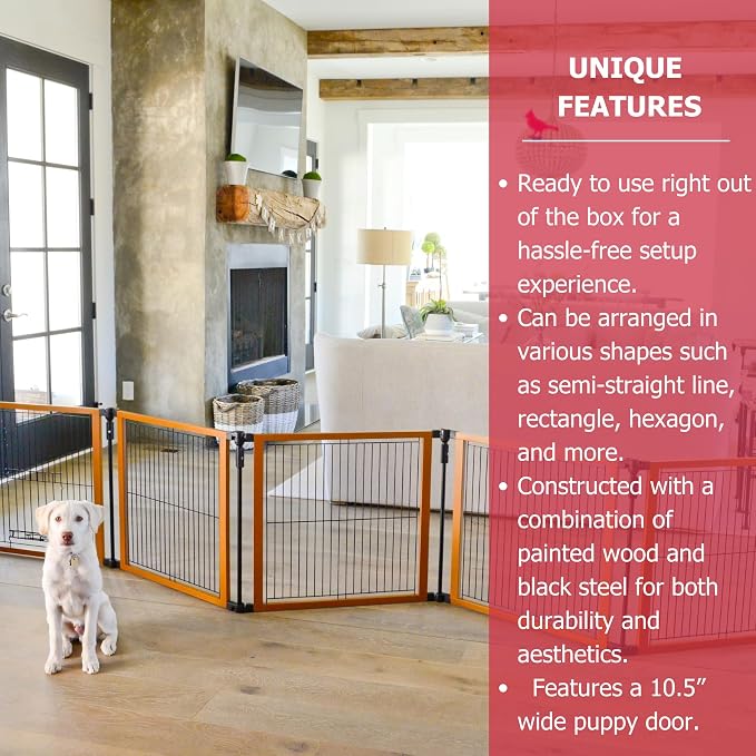 Cardinal Gates Indoor Pet Gate and Puppy Playpen, 6 Panels | Configurable indoor pet containment system with five fixed panels and one two-part latched panel.
