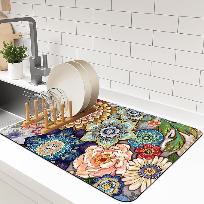 Dish Drying Mat For Kitchen Counter, 16"X24" Absorbent Coffee Bar Mat With Bohemian Abstract Colorful Flowers Dish Drainer Rack Mat For Kitchen Counter (boho, 16"X24")